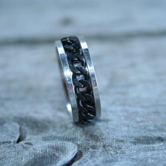 MENS SPINNER RING ★ BLACK CHAIN STAINLESS STEEL BIKER ROCKER MOTORCYCLE - Picture 4 of 11